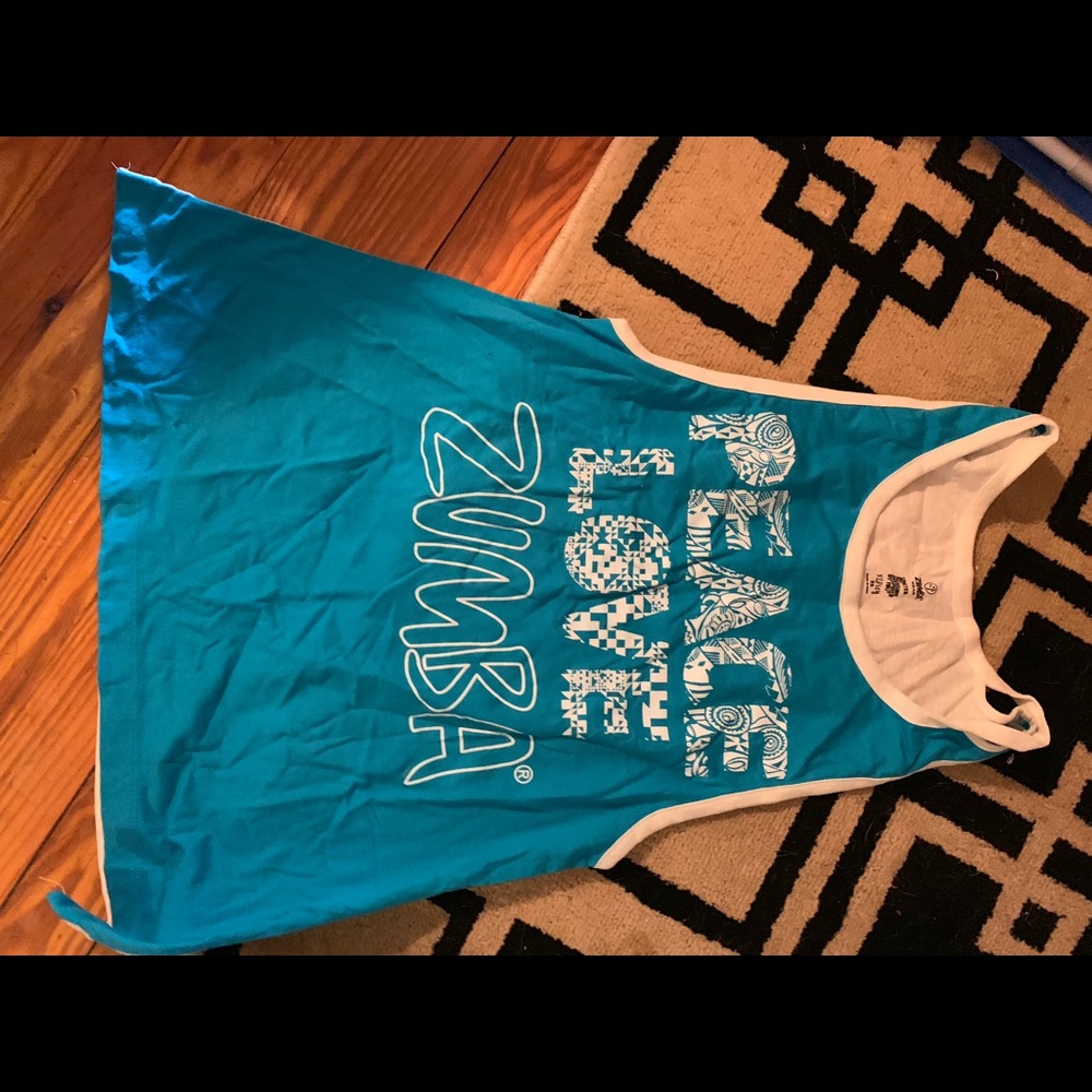 Blue and white, peace love and Zumba tank